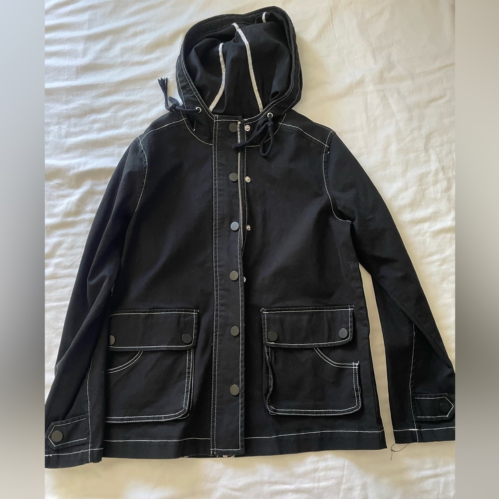 Modcloth Black Hooded Raincoat with White Stitching